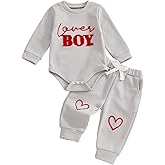 KtwHarnu Newborn Infant Baby Boy Valentines Outfit Lover Boy Embroidery Waffle Knit Long Sleeve Romper Long Pants 2 Piece Set