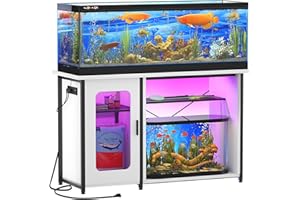 Hyomdeck 55-75 Gallon Fish Tank Stand with Power Outlets & LED Light, Reversible Heavy Duty Metal Aquarium Stand with Cabinet for Fish Tank Accessories Storage, Turtle/Reptile Terrariums, White