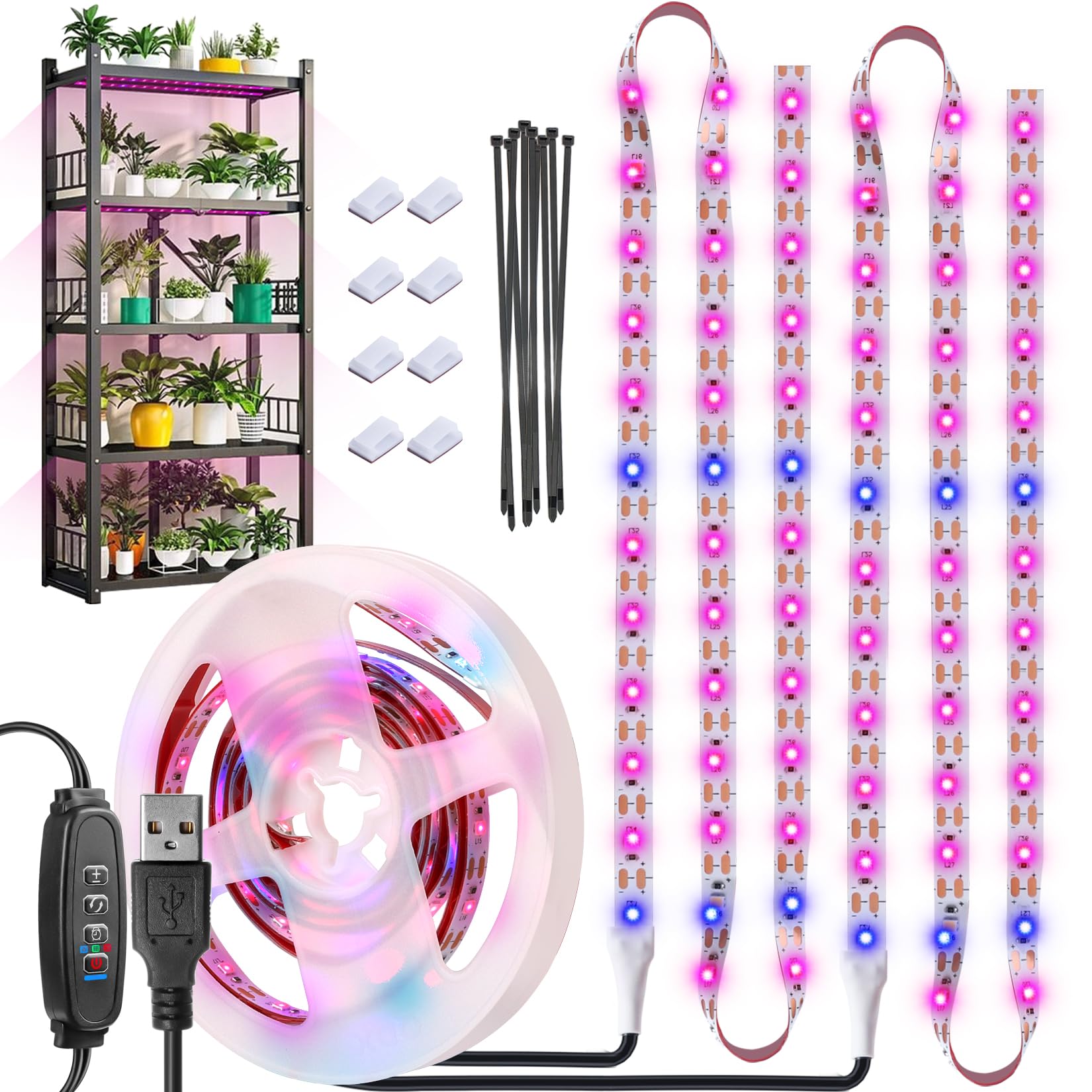 Grow Light Strip Waterproof Grow Lights for Indoor Plants Full Spectrum Plant Grow Lights Indoor USB with Auto ON/Off Timer Pink Blue 120LEDs Grow Lamp for Plant Light for Indoor Plants （6.56FT）