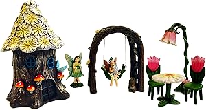 Premium Fairy Garden Kit - Daisy Fairy House, Standing Fairy, Fairy Arbor Swing, Fairy Seating (7, Fairy House w/Yellow Daisy Roof)