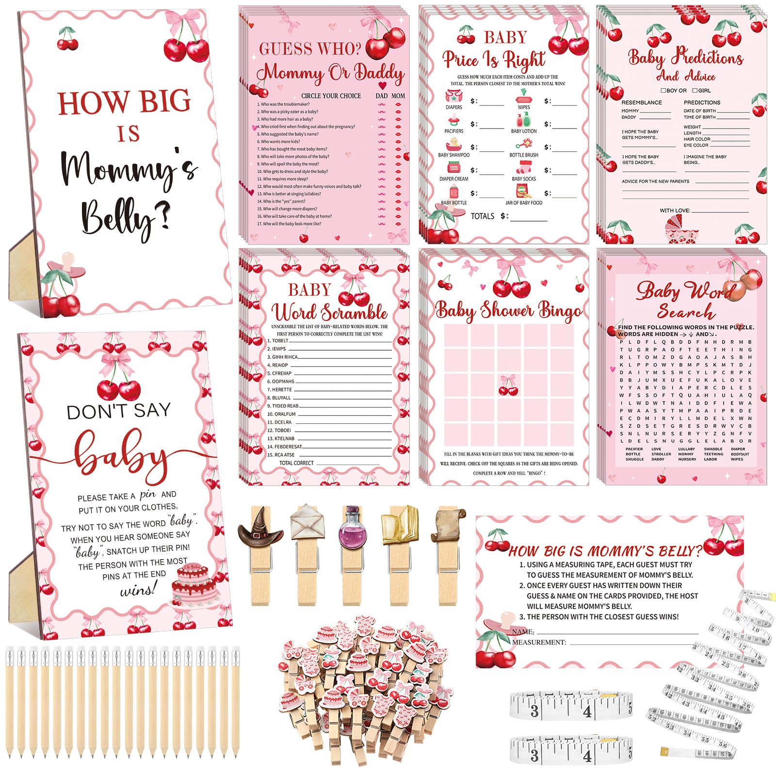 Photo 1 of Funnymoom 426 Pcs Cherry Baby Shower Games Set-8 Games, Includes Baby Shower Bingo Price is Right Guess Word Scramble Prediction and Advice How Big is Mommy's Belly Don't Say The Words