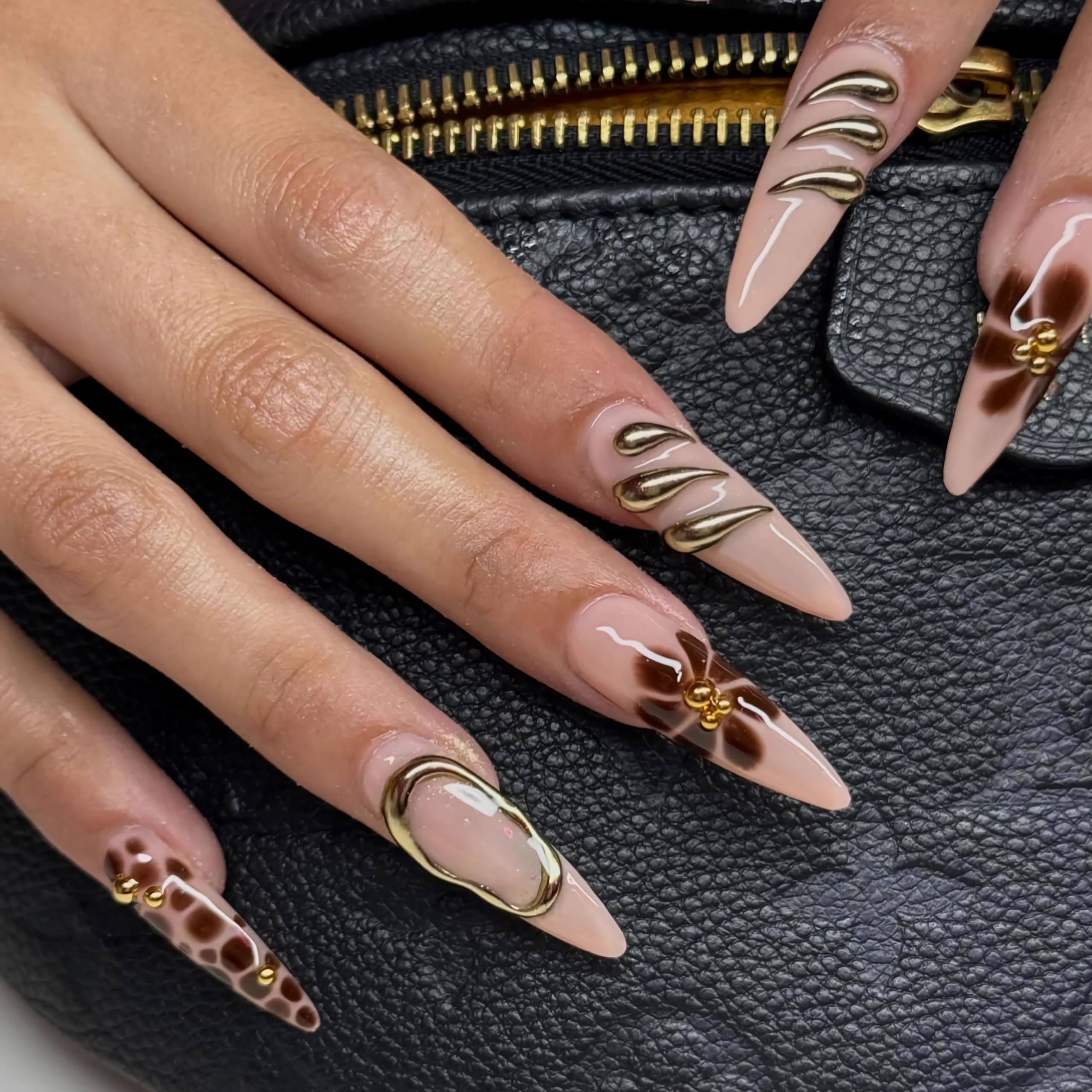 BABALAL Press on Nails Medium Almond Fake Nails Brown Glue on Nails Fall Flower 3D Gold Texture Design Acrylic Nails 24Pcs Handmade Stiletto Stick on False Nails - Image 2