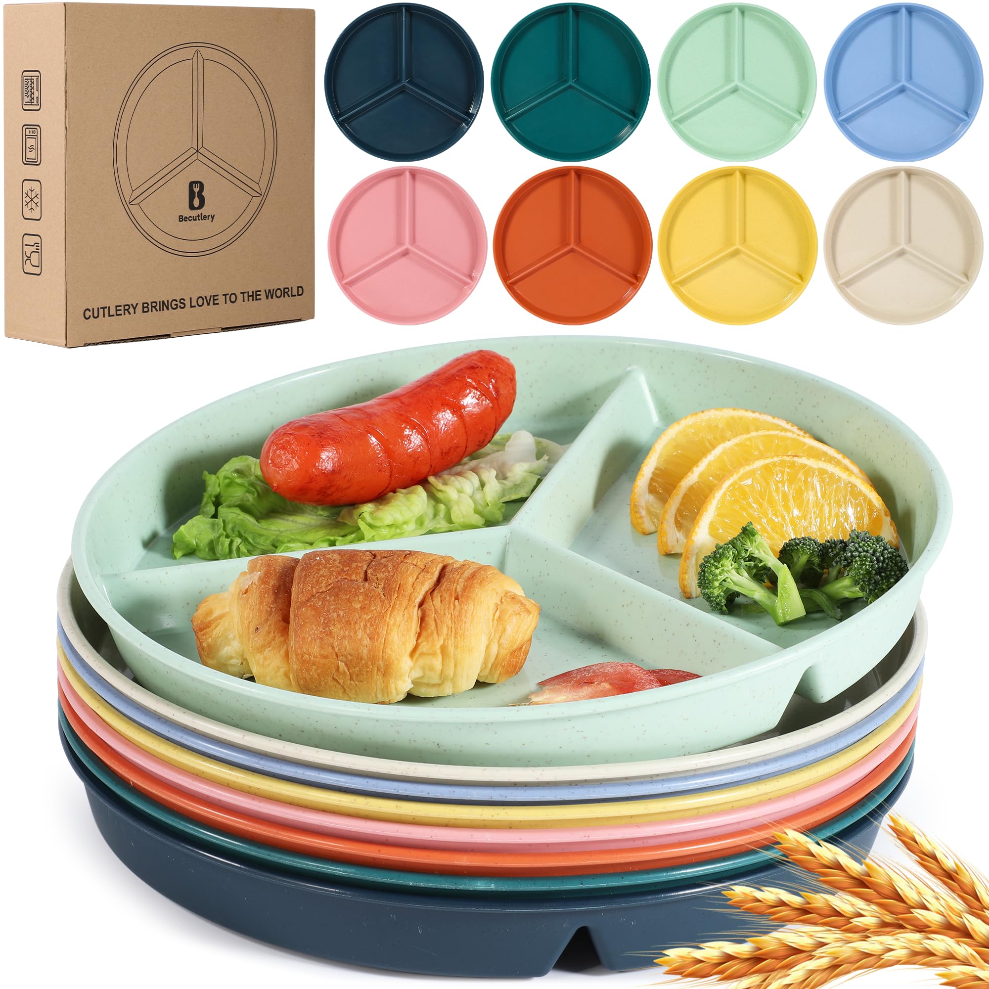 Photo 1 of 9.6Inch Multicolor Wheat Straw Divided Plates for Adults - 8PCS. Unbreakable Round Design with 3 Compartments for Portion Control. Reusable for Healthy Eating. Microwave and Dishwasher Friendly.