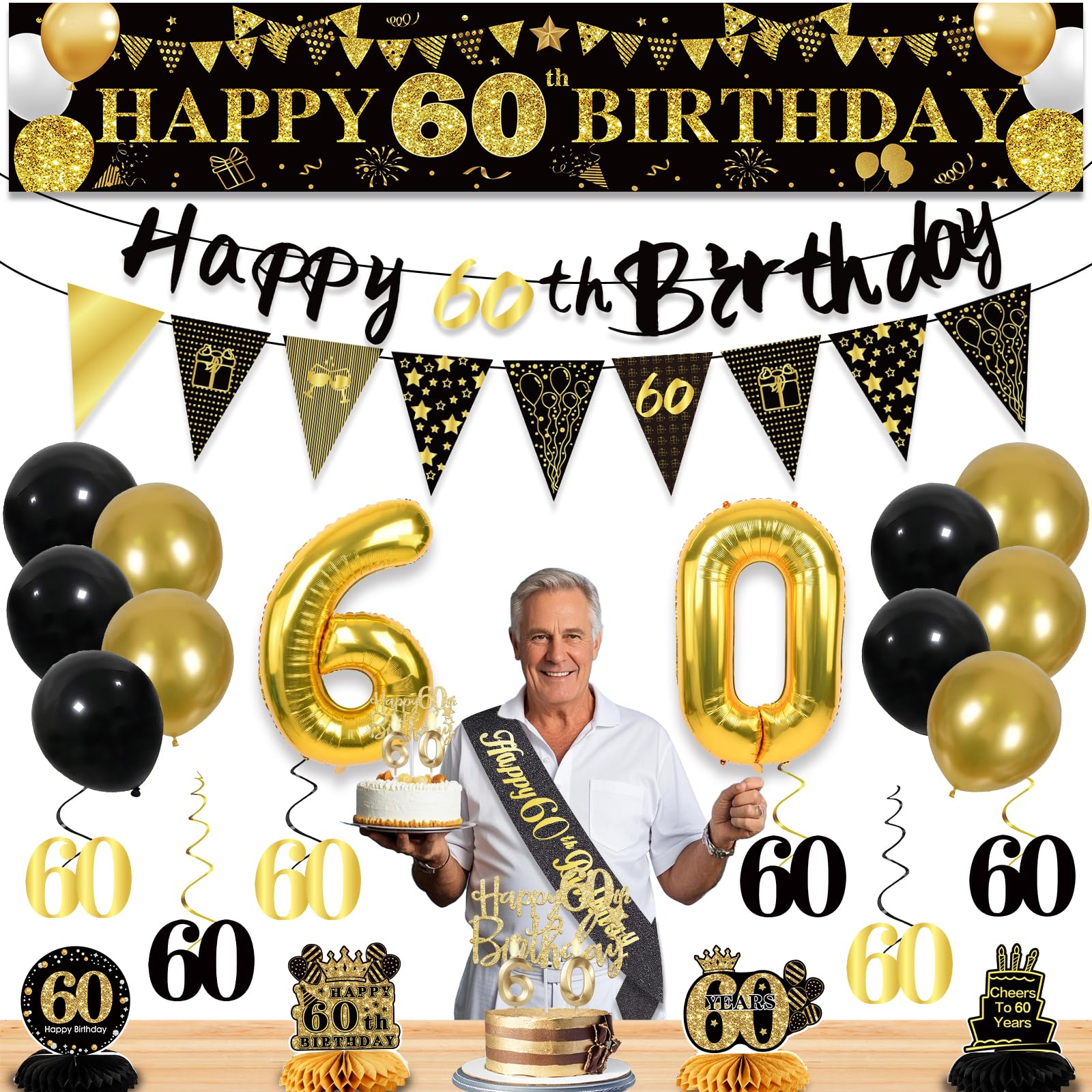 Photo 1 of 27pcs 60th Birthday Decorations for Men, Black Gold 60th Party Decorations, Happy 60th Birthday Banner Honeycomb Table Hanging Swirls Cake Topper and Balloons, 60 years old birthday decorations