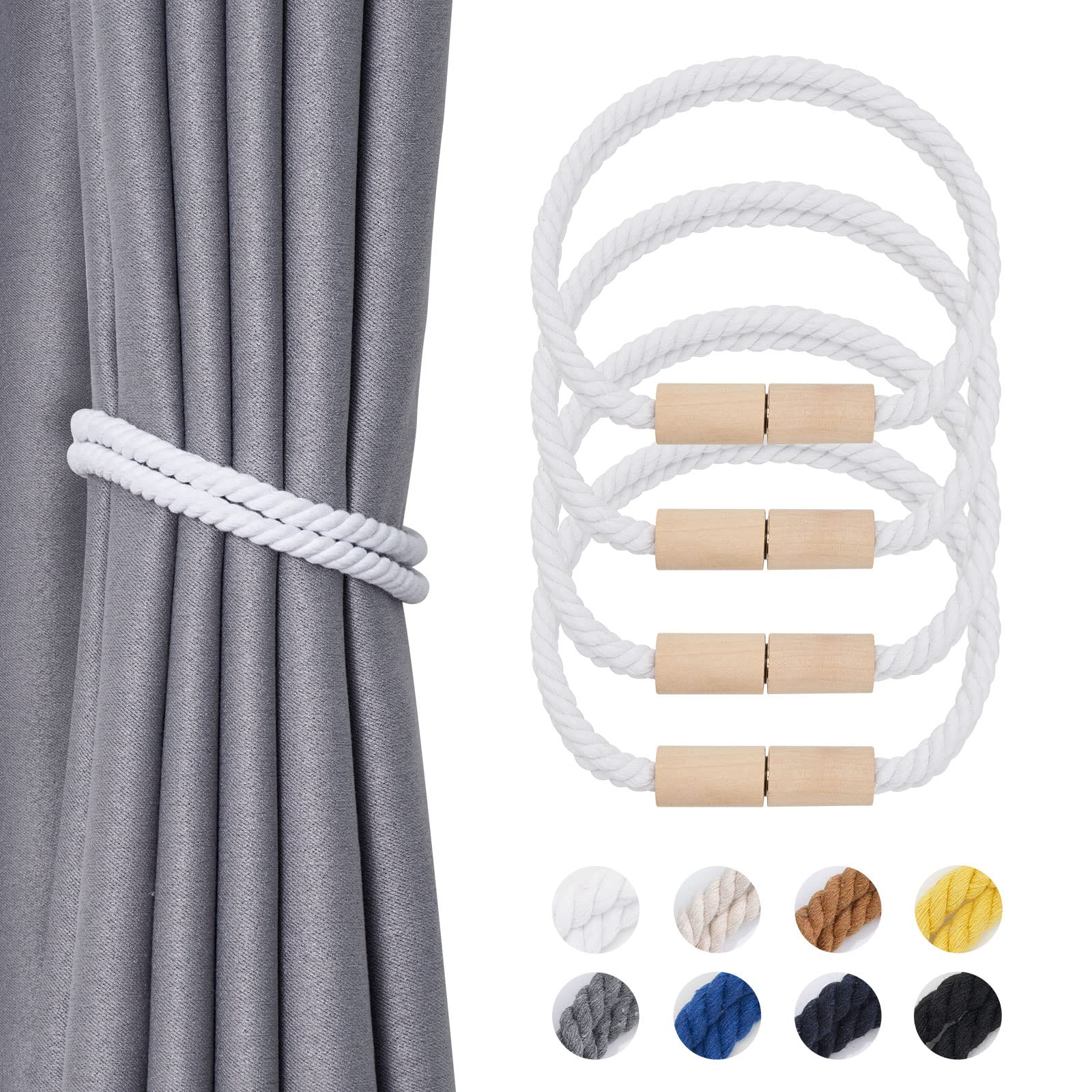 Pretty Jolly 4 Pack Wooden Magnetic Curtain Tiebacks Boho Decoration Drape Tie Backs Natural Cotton Handmade Double Rope Curtain Holdbacks for Thin & Thick Home & Office Window Drapery (New White)
