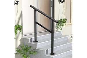 SPACEEUP Hand Rails for Outdoor 3 Steps, Wrought Iron Handrail Fit 1 to 3 Exterior Steps, Heavy Metal Outside Stair Rails for Porch Steps Concrete Steps Wood Steps, Easy Installation, Black