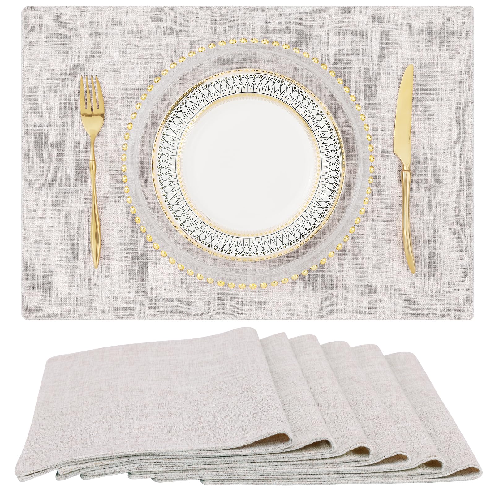 Photo 1 of homing Cotton Linen Placemats Set of 6, Cloth Washable Farmhouse Dining Table Mats for Indoors & Outdoors, Easy to Clean, Neutral Beige, 13 x 19 Inch
