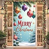 Merry Christmas Door Cover, Christmas Tree Balls Door Hanging Backdrop Decoration Xmas Porch Sign Front Door Banner for Winter Holiday New Year Xmas Office Home Party Supplies