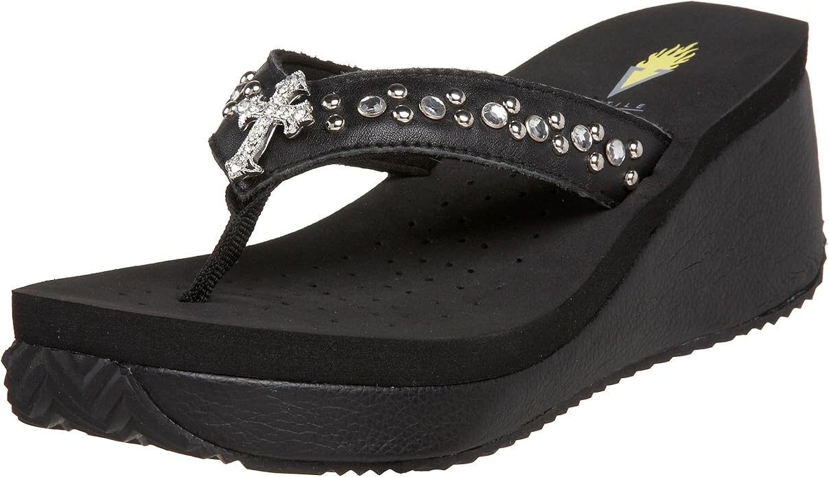 Volatile Women's Annelle Wedge Thong, Black, 6 M US Sandals