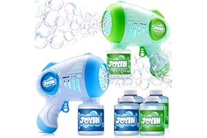 JOYIN 2 Packs Bubble Guns with 4 Bottles Bubble Solution, 10 Holes Light Up Automatic Bubble Machine Gun for Kids, Adults, Su