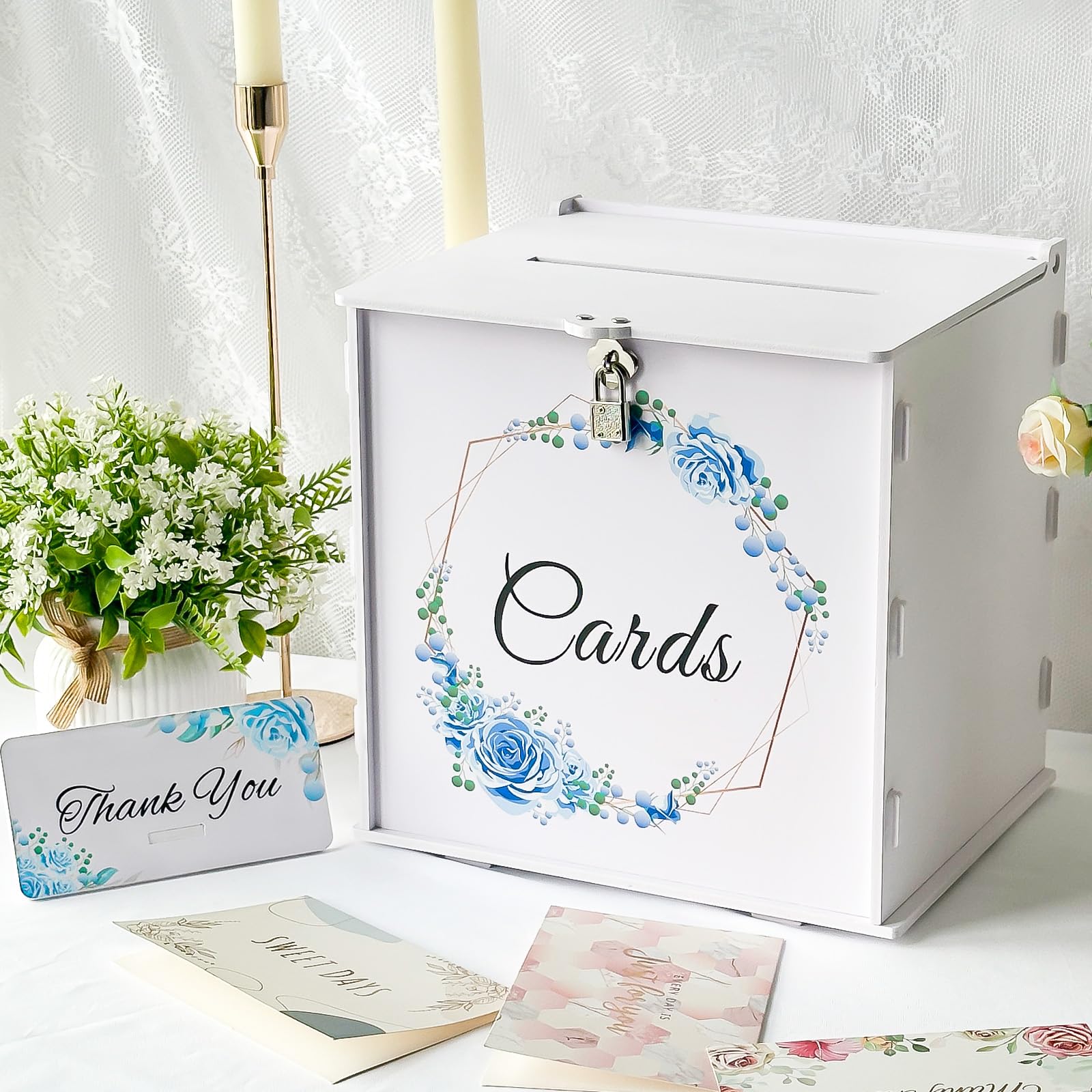 Photo 1 of OurWarm White Wedding Card Box with Lock, PVC Gift Card Box with Blue Wreath, Wedding Decorations for Reception Envelop Money Gift Boxes for Graduation Birthday Bridal Baby Shower Decor