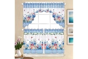 Floral Window Curtain, 3 Panels Spring Blue Flower Butterfly Window Treatment Drapes Tier with Valance, Short Curtain for Bed