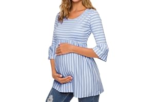 Ecavus Womens Casual Maternity Tops Striped Peplum 3/4 Ruffle Sleeve Shirt Ultra Soft Pregnancy Clothing