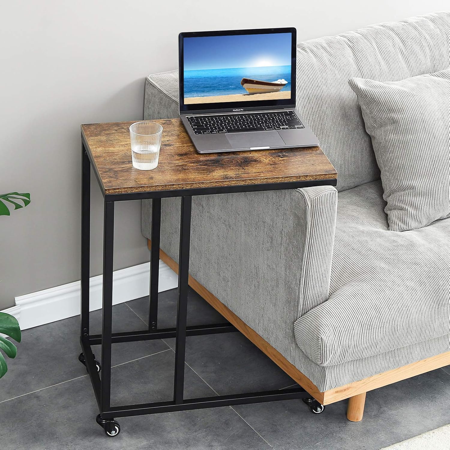YMYNY Industrial End Table, Mobile Snack Table for Coffee Laptop Tablet, Slides Next to Sofa, C Shaped Bedside Table with Metal Frame for Living Room, Bedroom, Easy Assembly, Rustic Brown UTMJ009H: Kitchen & Dining