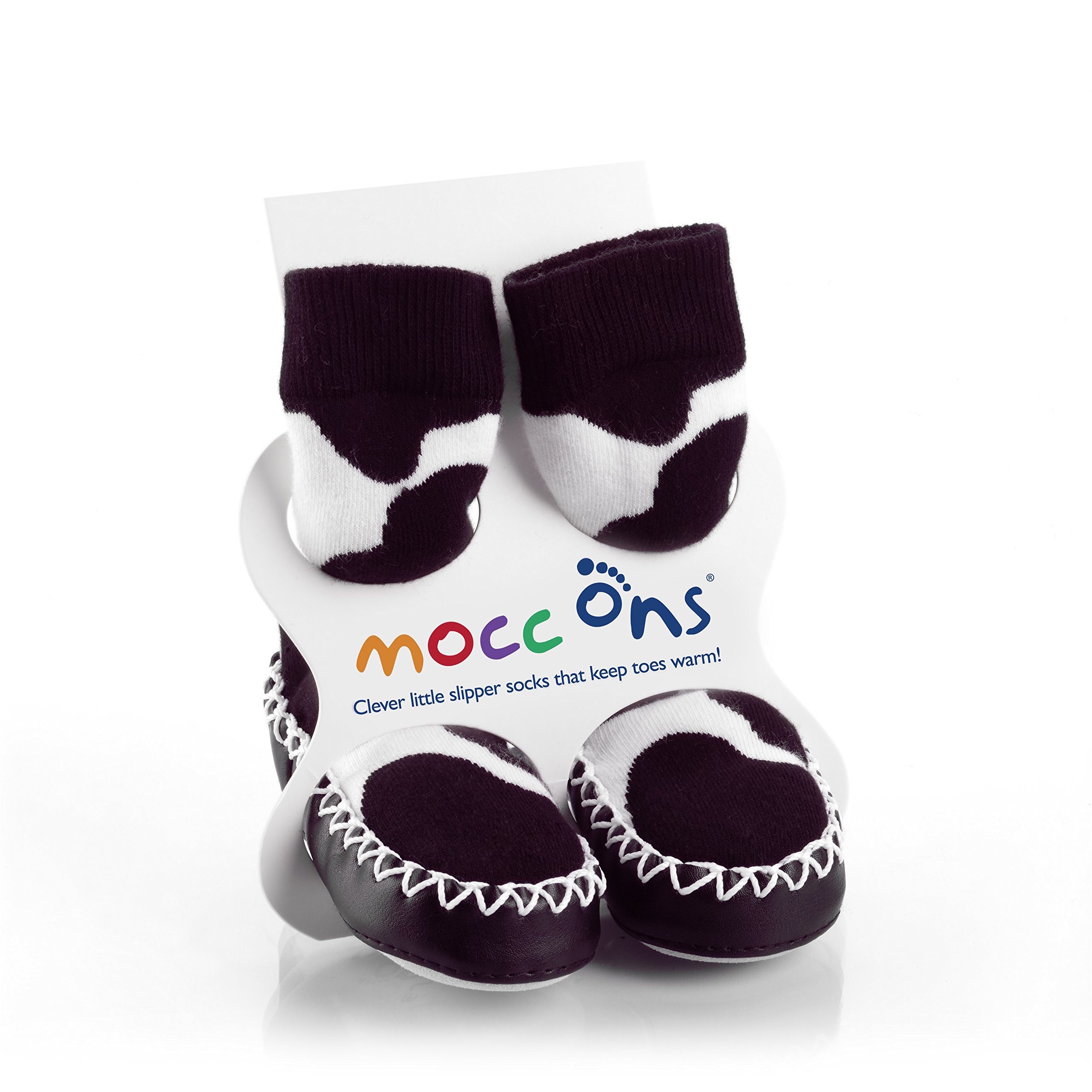 Mocc Ons Moccasin Washable Slipper Socks (12-18 Months, Cow Print)