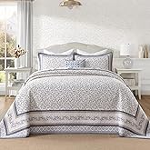 SahSahCasa 100% Cotton 128"x120" Oversized California King Bedspread Coverlet Quilt Set, Cal King Quilted Bedspread Extra Large Reversible XL Bed Spread Lightweight Comforter, Beige/Grayish Blue