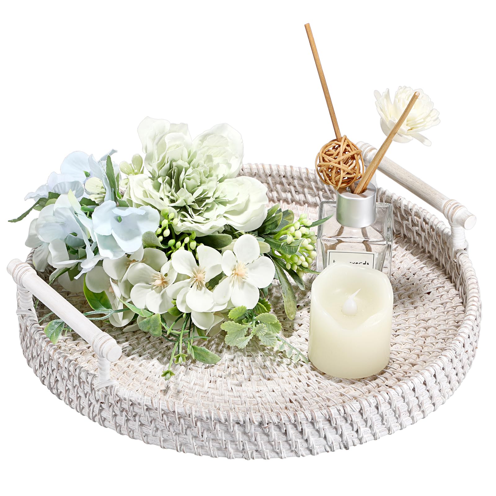 IGNPION Round Rattan Woven Serving Tray Decorative Display Guest Towel Storage Platters with Handle Table Desktop Organiser for Coffer,Drink,Breakfast,Tea,Candle, Whitewash, 28cm (IGPUK0675)