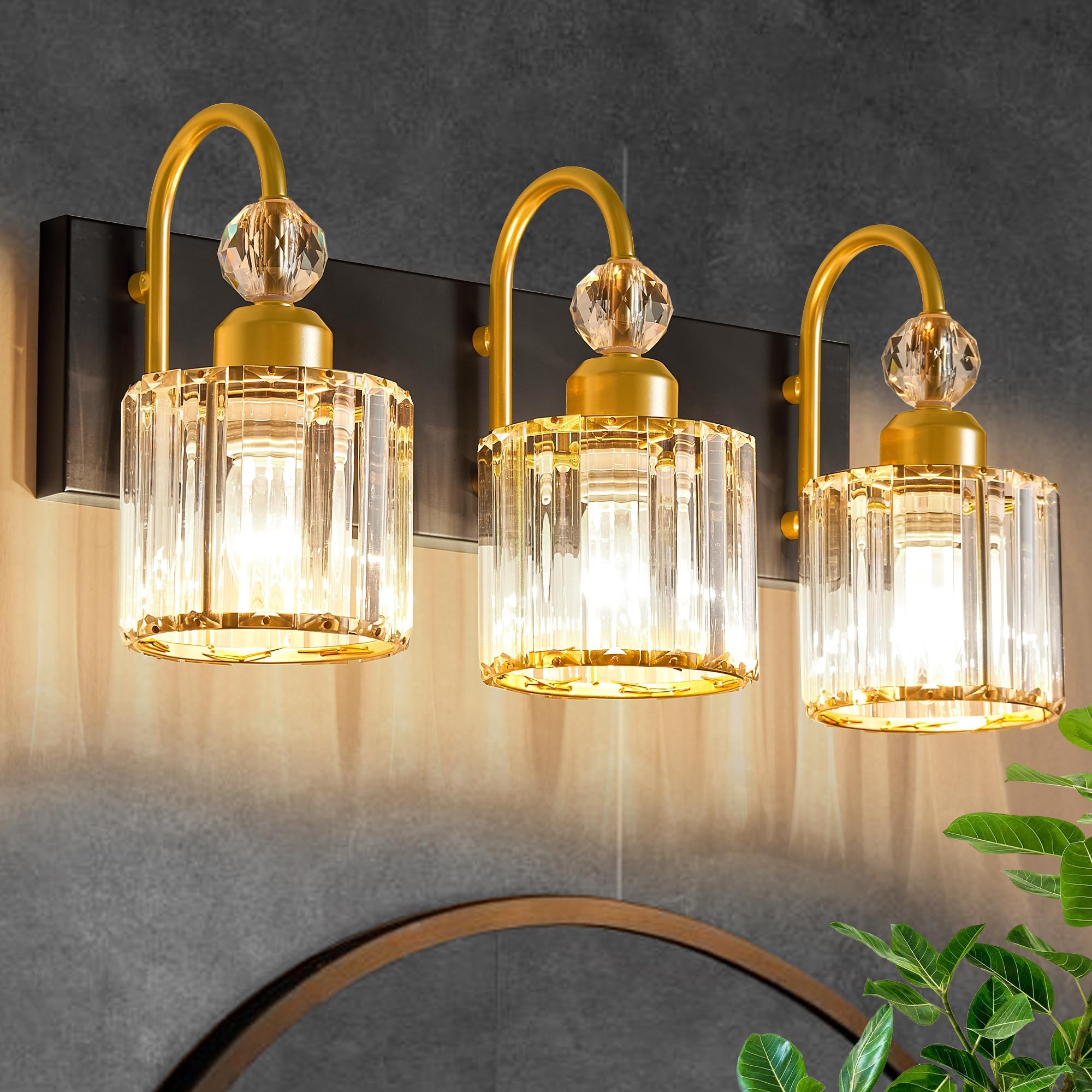 DIAMONDFORGE Bathroom Vanity Light Fixtures Over Mirror, Makeup Lighting for Modern Wall, Bath, Desk, Farmhouse, Hallway, 3 Crystal Lights, Black Gold