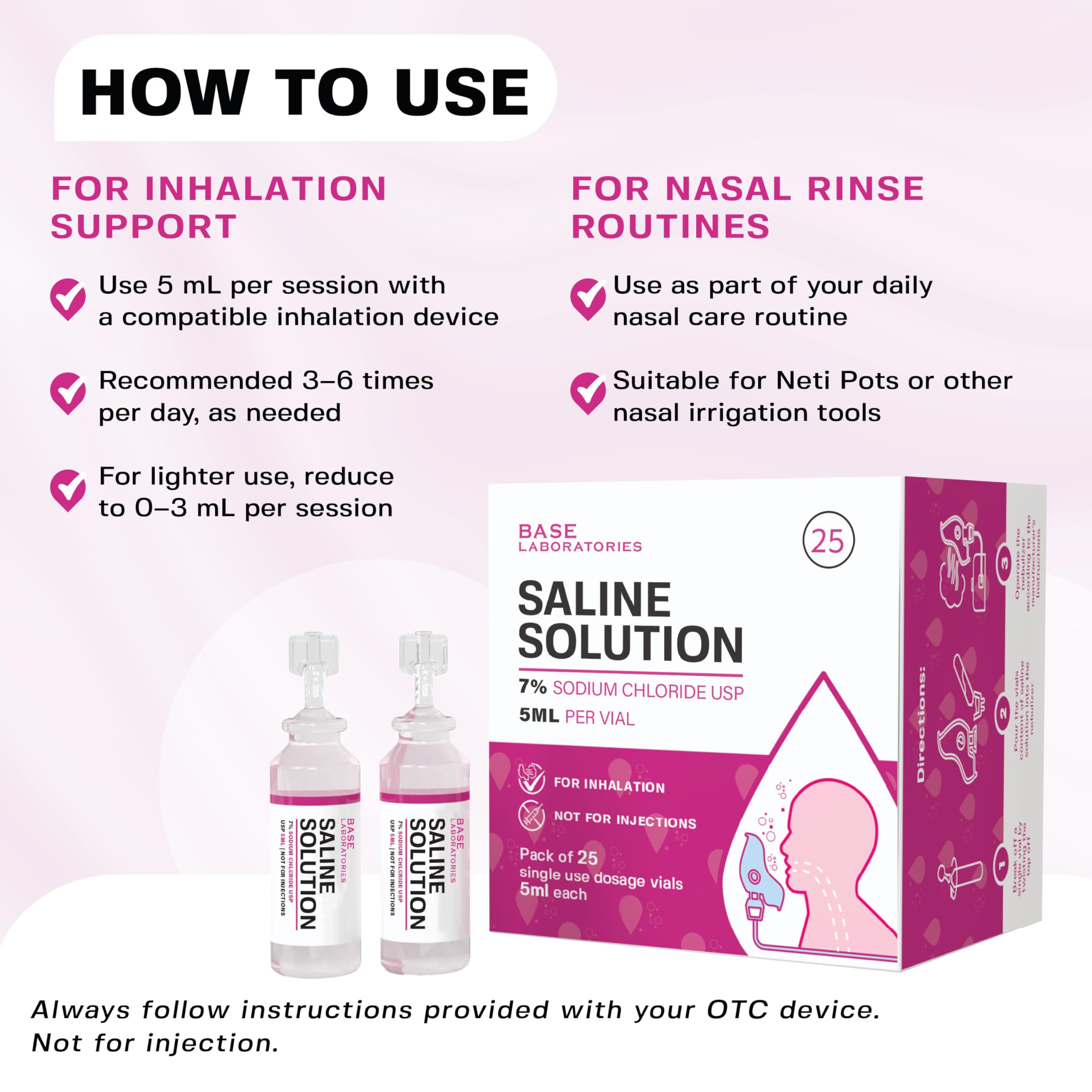 BASE LABORATORIES 7% Saline Solution for Nebulizer Machine | Saline Solution for Inhalation & Nasal Irrigation | High 7% Concentration l 25 Vials 5ml Unit Dose