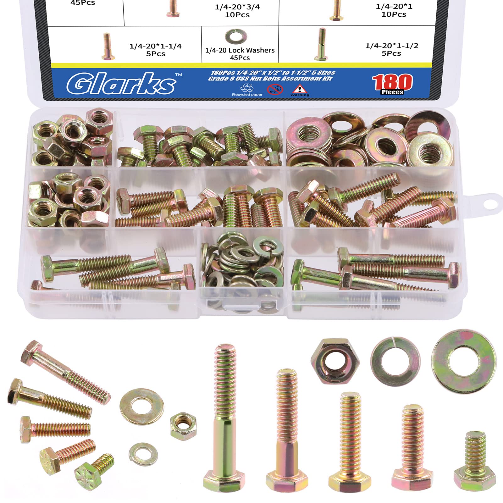 Glarks 180Pcs Grade 8 1/4"-20 Nut Bolt Washer Assortment Including 45Pcs Hex Nuts, 45PCS Flat Washers, 45Pcs Lock Washers and 45Pcs Heavy Duty Hex Bolts