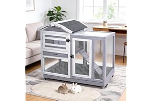 GEGURI Rabbit Hutch Indoor Rabbit Cage Outdoor, Wooden Bunny Cages for Guinea Pig with Wheels, Removable Tray, Ramp