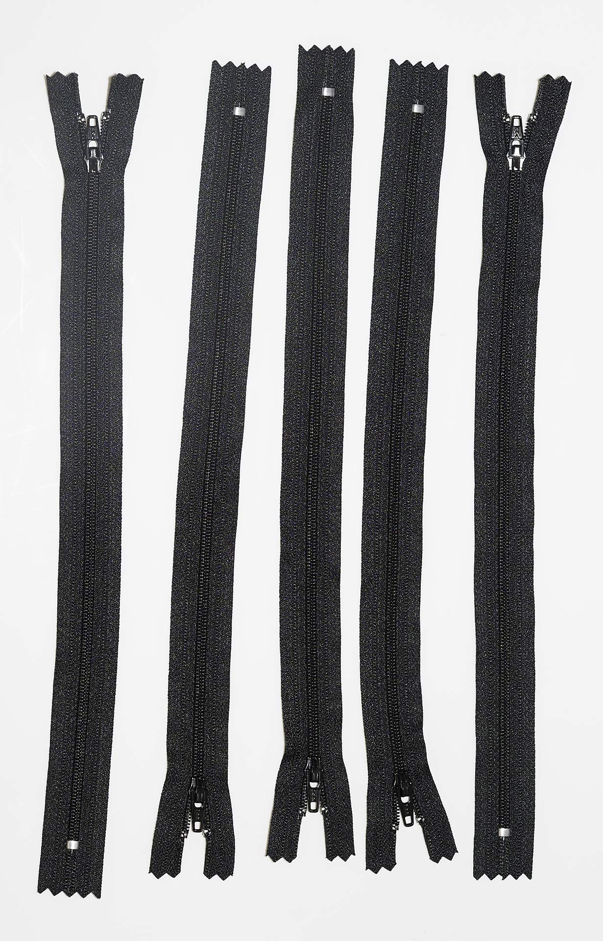 Pack of 5 YKK Nylon Black Closed end Zip 8,9,10,11,12,15,20. Size 3. (11 inch)