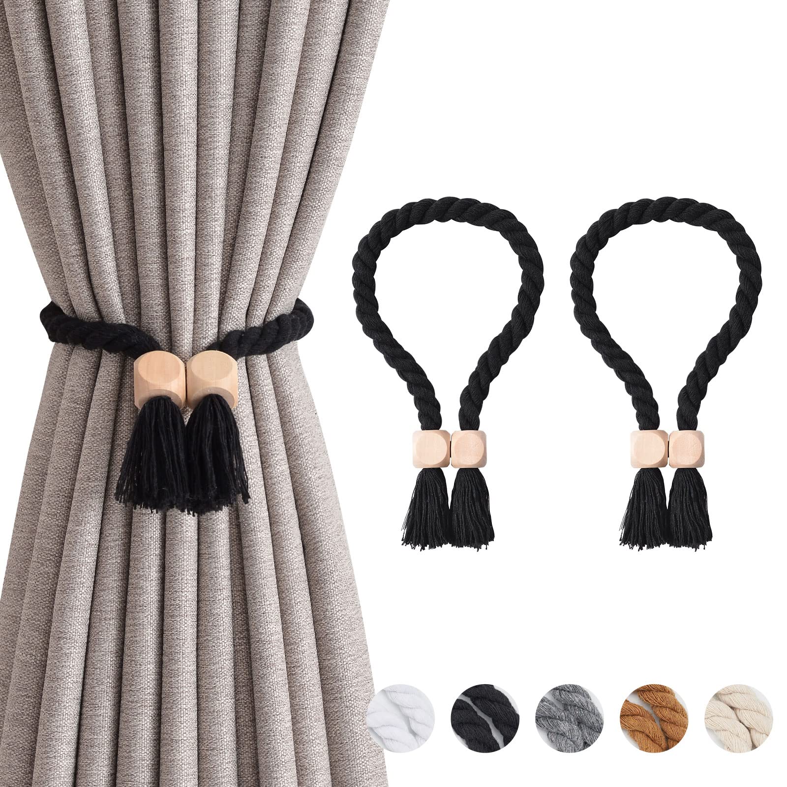 Pretty Jolly 2 Pack Wooden Cube Magnetic Curtain Tiebacks Boho Home Decor Drape Tie Backs Natural Cotton Hand Woven Rope Curtain Holdbacks for Thin & Thick Home & Office Window Draperies (Black)