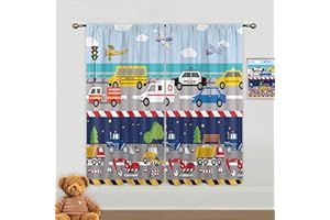 Mitpok Kids Truck Curtains for Boys Bedroom, Construction Car Tractor Curtains 42Wx63H Inch Rod Pocket Cartoon Colorful Bulldozer Tractor Airplane 2 Panels Window Treatment Set for Living Room Decor