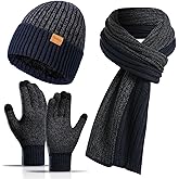 floconssy Men's Winter Hat Scarf Gloves Set, 3 PCS Warm Beanie Long Scarf Fleece Lined Touchscreen Gloves for Cold Weather