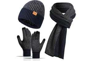 floconssy Men's Winter Hat Scarf Gloves Set, 3 PCS Warm Beanie Long Scarf fleece lined Touchscreen Gloves for Cold Weather