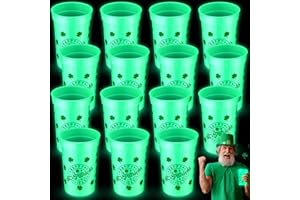 FillTouch 12 Pcs Glow St.patrick's Day Shamrock Cups 16 oz Green Shamrock Plastic Cups for Drink St. Patrick's Day Party Favors Nighttime Party Supplies(Green)