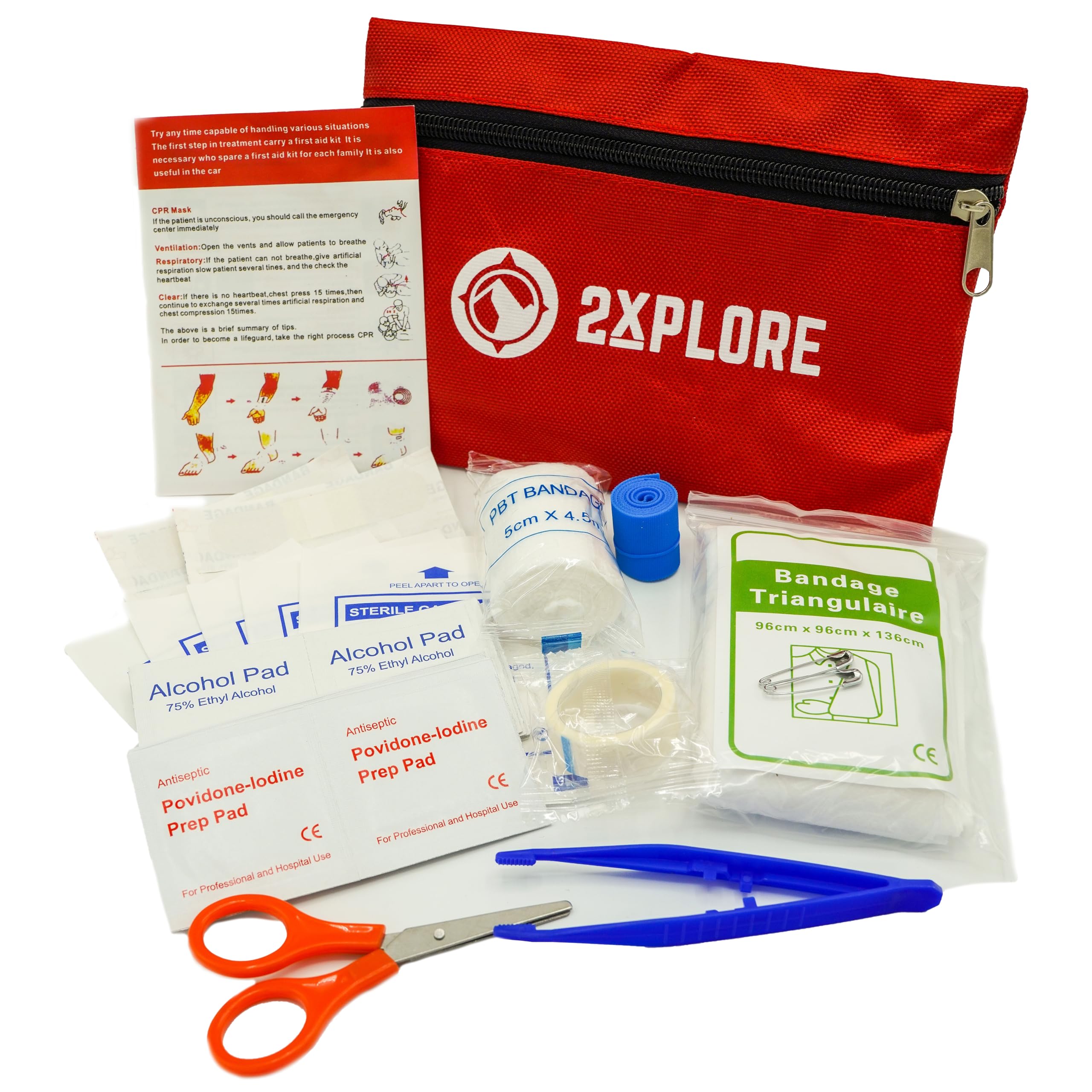 2XPLORE Small First Aid Kit for Travel, Homes, Offices, Vehicles, Camping, Workplaces & Outdoors. Red 37 Piece Personal First Aid Kit.