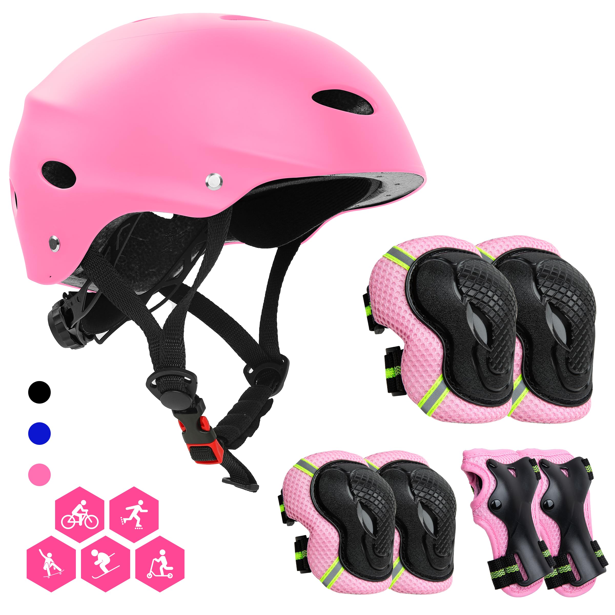 FAYITING Kids' Protective Gear 7-In-1 Helmet Set Boys and Girls Helmet Set Knee Wrist and Elbow Pads for Skate Quad Bike Scooter Skateboard (Pink, M)