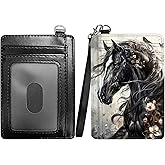 RWUTYTIUL Flower Horse Slim Minimalist Wallet with Lanyard Strap, PU Leather Front Pocket Wallet RFID Blocking Credit Card Holder Card Cases with ID Window for Man Woman Boy Girl