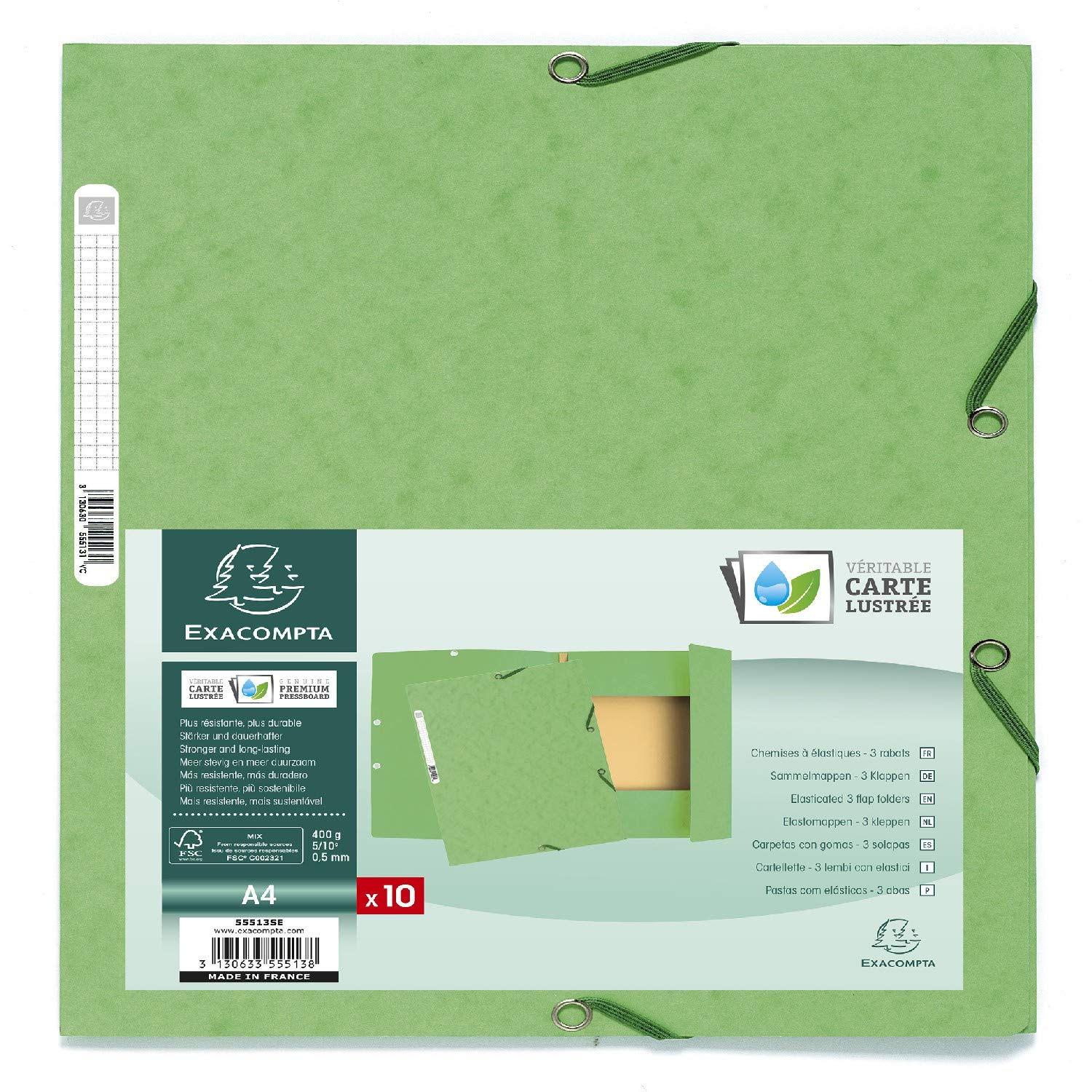 Exacompta - Ref 55513SE - Elasticated 3-Flap Folders - Suitable for Holding A4 Documents, 400gsm Glossy Card, Spine Label for Identification - Lime Green (Pack of 10) — image 1