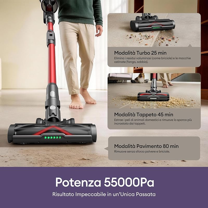 55Kpa/80Min Aspirapolvere Senza Fili U18, Scopa Elettrica Senza Fili Potente con Tubo Pieghevole, Filtrazione Multi-Cono,Display Intelligente, Anti-Groviglio per Peli Animali/Pavimenti/Tappeti