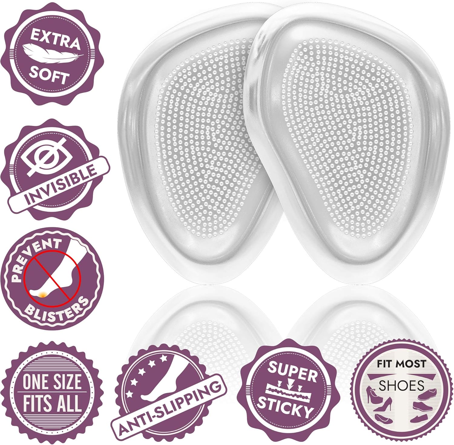Premium Metatarsal pads, Ball of Foot Cushions for Women, Extra Soft Reusable Metatarsal Foot Pads for Pain Relief, Prevent Blisters and Calluses, Fits Any Shoes, 4 Invisible Pads: Health & Personal Care