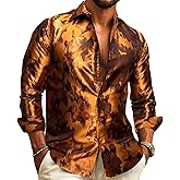 Barry.Wang Men's Silk Shirts Button Down Dress Shirt for Men Satin Paisley Floral Long Sleeve Cowboy Casual Mexico Shirts