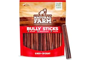 Natural Farm Odor-Free Bully Sticks (6 Inch, 20 Pack), 100% Beef Chews for Pups, Small and Medium Dogs, Non-GMO, Grain-Free, Fully Digestible, Natural Treats to Keep Your Dog Busy
