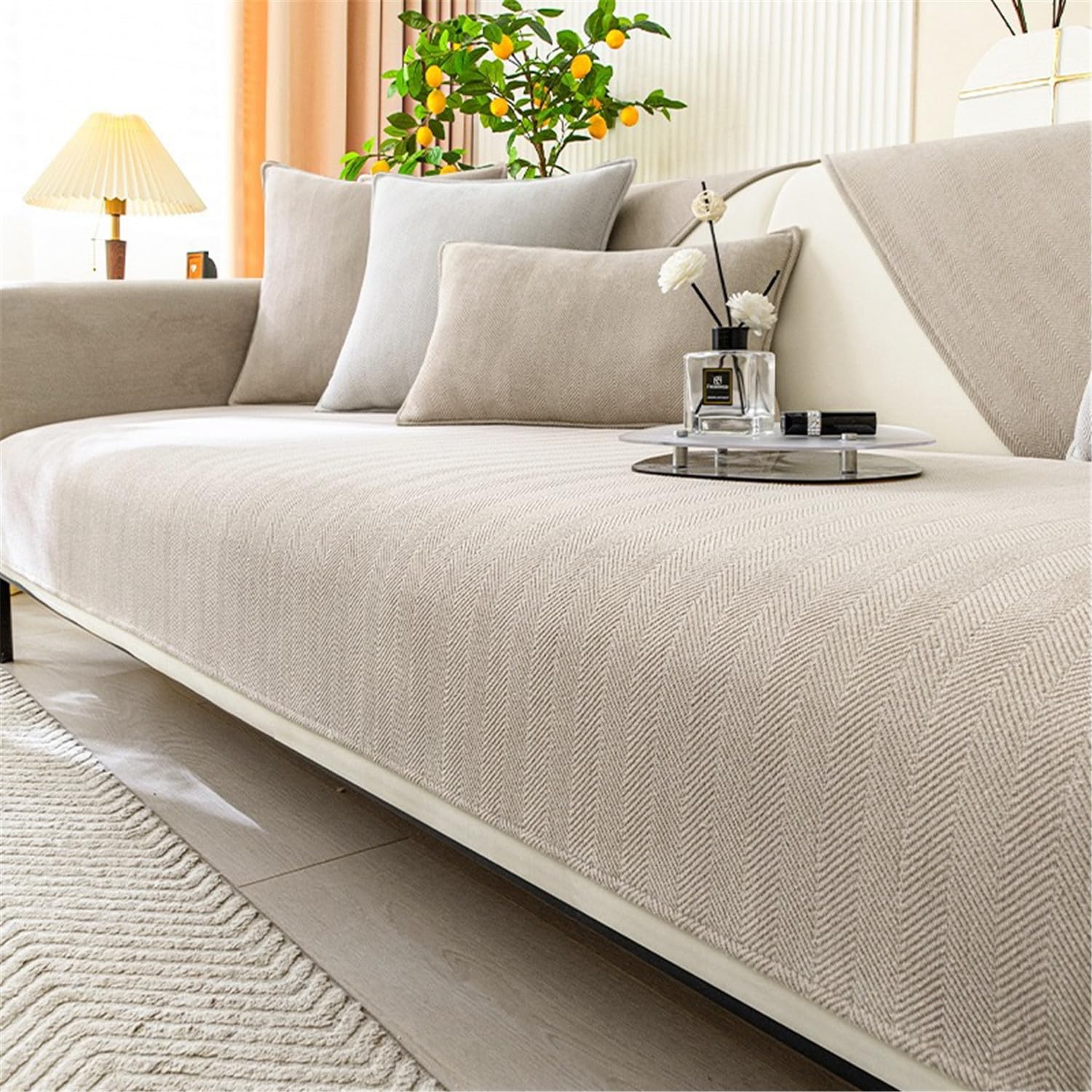 Herringbone Chenille Fabric Furniture Protector Sofa Cover 1 2 3 Seater, Non-Slip Sofa Slipcovers for Corner L Shape, Thick Textured Sofa Cushion Covers Furniture Protector (Sand,90x240cm) — image 1