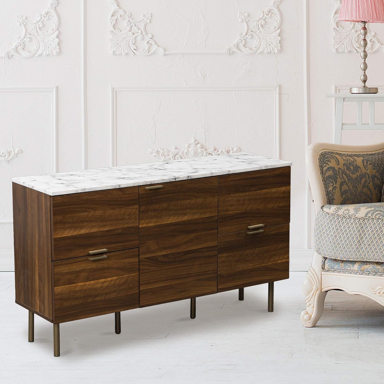 Amazon Com Good Gracious Credenza Sideboard Buffet Console Storage Cabinet 48 Wide 4 Drawers And 1 Door Faux Marble Top Mid Century Modern Furniture For Living Room Kitchen Ding Room Or