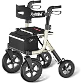 Walkers for Seniors, Rollator Walker with Seat, 12" Big Rubber Wheels All Terrain Rolling Walker with Backrest, Foldable Rollator Walker, Reinforced Aluminum Frame, Built-in Cable, Golden