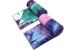 Eunzel 2 Pack Yoga Towel,Hot Yoga Mat Towel with Grip Dots Sweat Absorbent Non-Slip for Hot Yoga, Pilates and Workout 24" x72，Purple & Blue/Green & Purple (2 Pack)