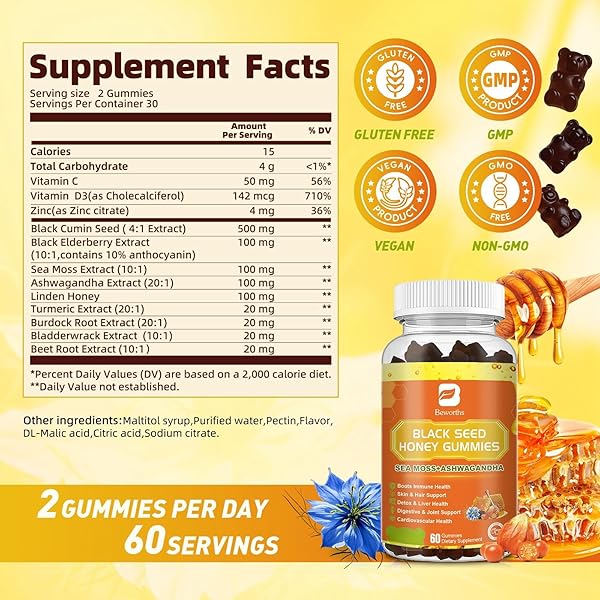 (2 PACK) BLACK SEED OIL SEA MOSS GUMMIES WITH ASHWAGANDHA, BURDOCK ROOT, LINDEN HONEY, ELDERBERRY, TURMERIC, VITAMIN C, D3 & ZINC – SUPPORTS IMMUNITY, JOINTS, DIGESTION, HAIR & SKIN, VEGAN GUMMIES 120
