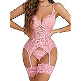 Donnalla Women Sexy Lingerie Set with Garter Belt Lace Bodysuit Teddy with Panty