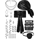 Fourluoo 31 Pieces Pirate Costume Women Rave Accessories Pirate Hat Head Scarf Sash Belt Necklace Earrings for Cosplay Party