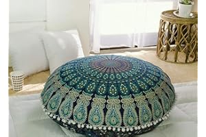 Popular Handicrafts Floor Pillow Cushion Cover - Hippie Mandala Cushion Cover Large with Pom Poms Soft Particles - Pouf Cover Round Bohemian Yoga Decor, 24" Blue Turqouise