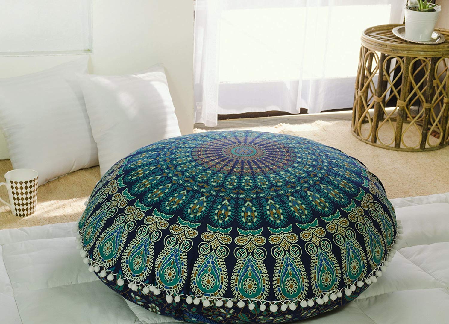 Popular Handicrafts Mandala Floor Pillow Cover - Cushion Cover - Pouf Cover Round Large Hippie Bohemian Yoga Decor Floor Cushion Case- 32" Blue Tarqouish — image 1