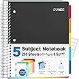 SUNEE 5 Subject Notebook College Ruled - 400 Pages, 8.5"x11", 5 Pocket Colored Dividers, 3-Hole Punched Paper, Black
