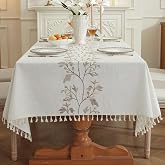 WEYOND Table Cloth Waterproof, Dining Tablecloth Rectangle, 86.5" x 55" | Boho Table Cover with Tassels, Faux linen, Embroidery, Stain/Water Resistant, Wrinkle Free, Washable, Beige